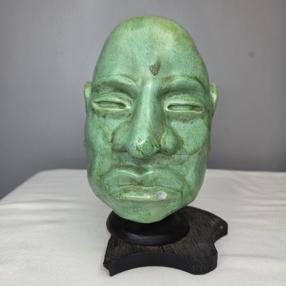 Vtg Folk Art Ceramic Head Bust Statue Green Glazed Spooky Wood Base 7" READ